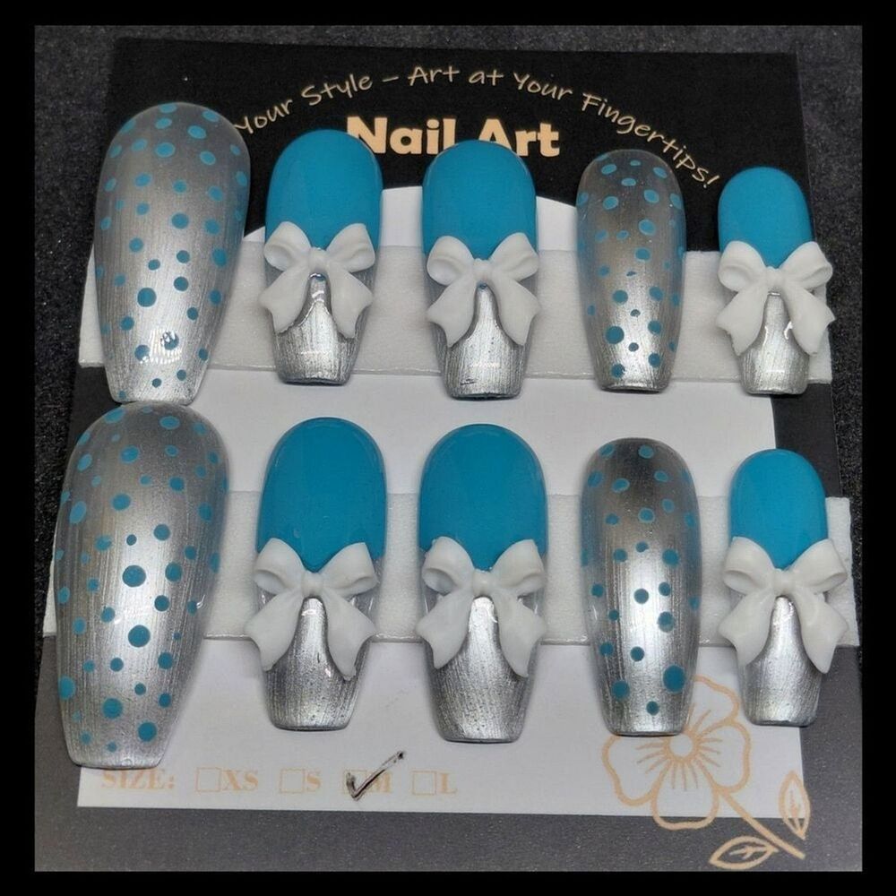 4/$40 ***Summer Sale***Blue and Silver Polka Dot Hard Gel Press on Nails